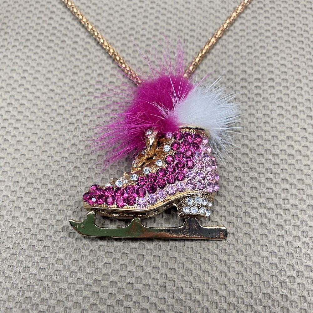Betsey Johnson Crystal Furry Pink Ice Skate Gold Pendant 26" Necklace